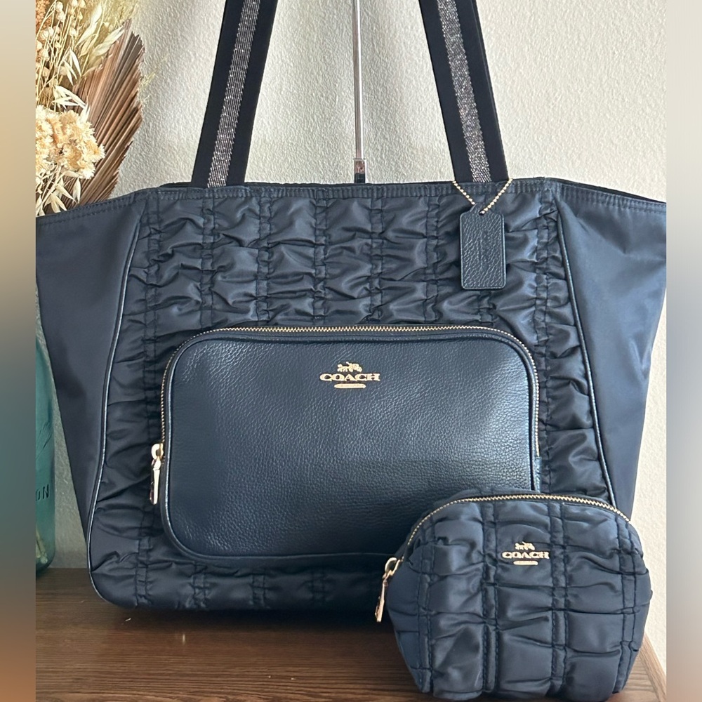COACH 2 Piece Court Ruched Nylon w/Leather Trim Tote Bag & Boxy Pouch